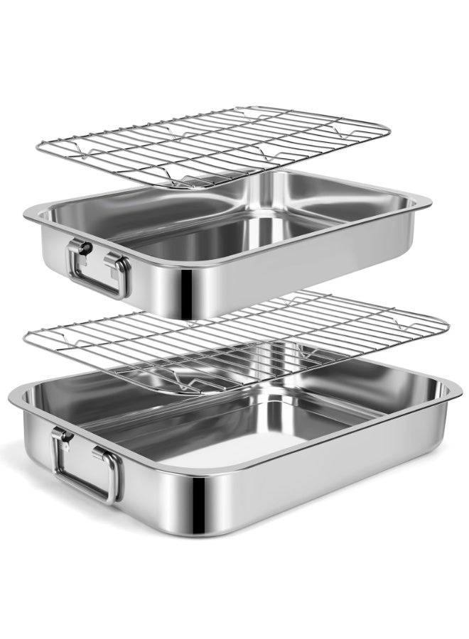 WALALLA 2 Pcs  Stainless Steel Roasting Pans with Handles, Baking Pan for Oven with 2 Pcs Flat Racks, Heavy Duty, Dishwasher Safe Rectangular Lasagna Pan with Handles for Turkey Chicken, Silver - Image 1